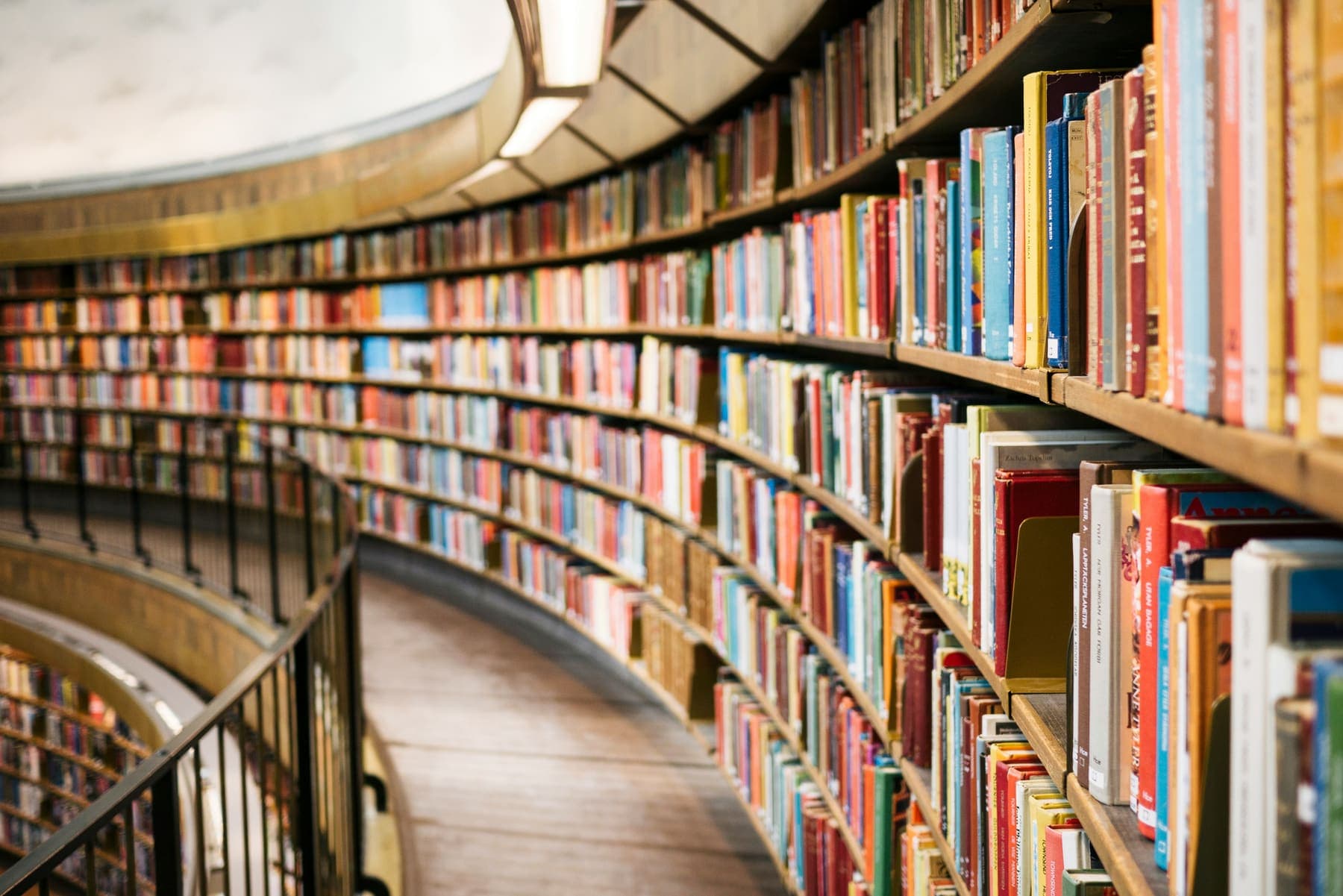 Curved shelves of a library
